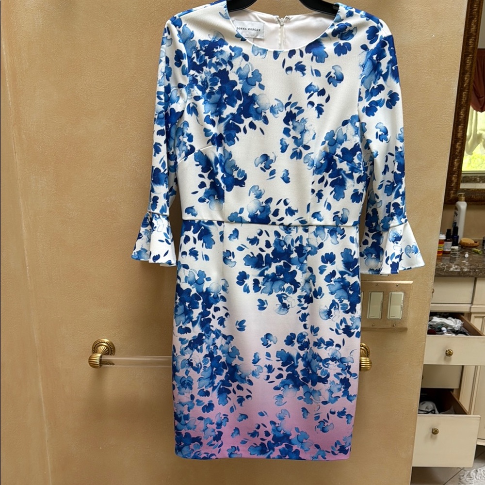 Donna Morgan Blue and White Ruffled Tiered Dress